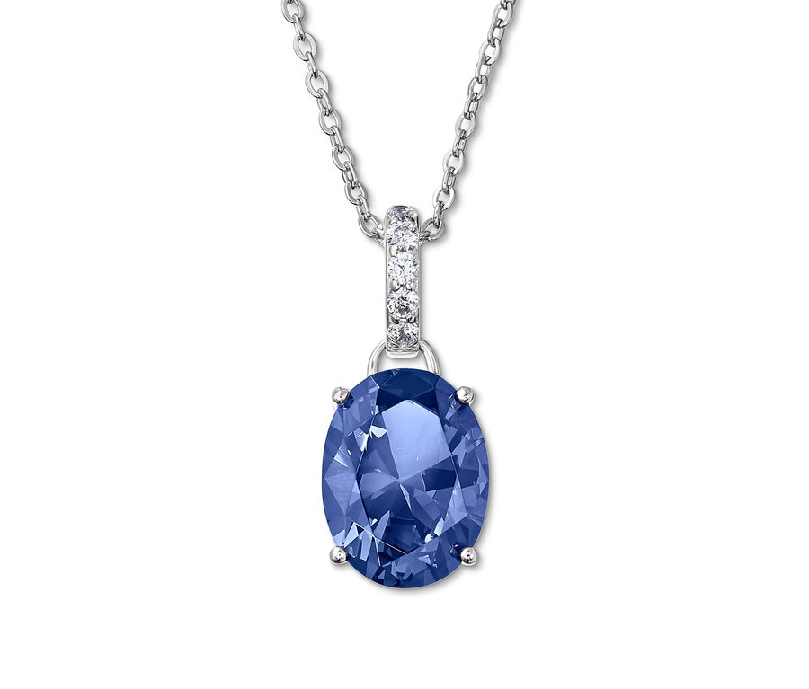 Kette aus 925er Silber, rhodiniert, mit blauem Kristall und Zirkonia.