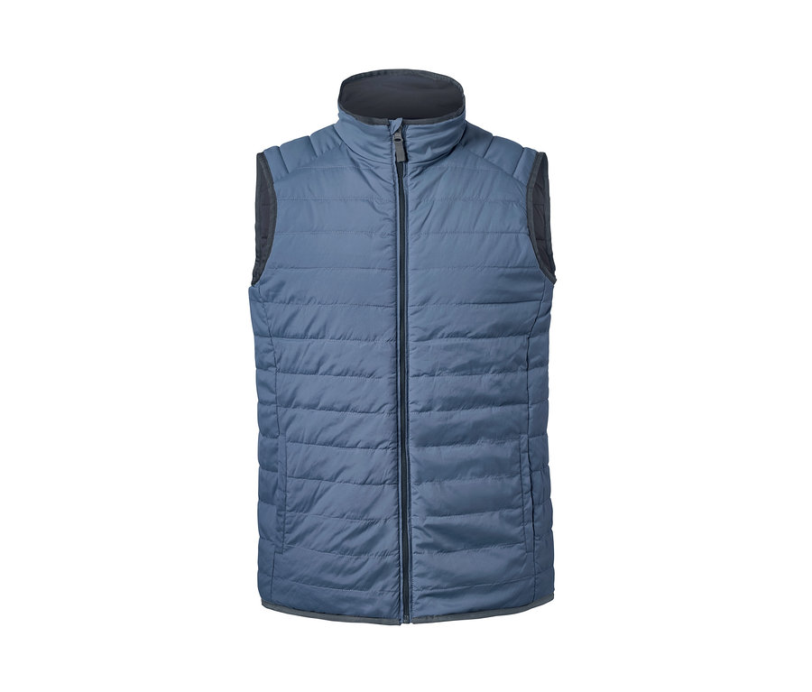 Blaue Wende-Steppweste mit schwarzem Reißverschluss.