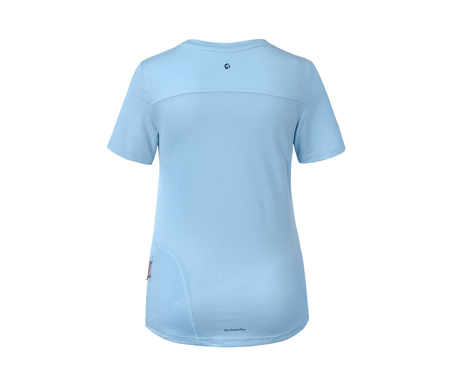 Blaues Sportshirt mit kurzen Ärmeln.