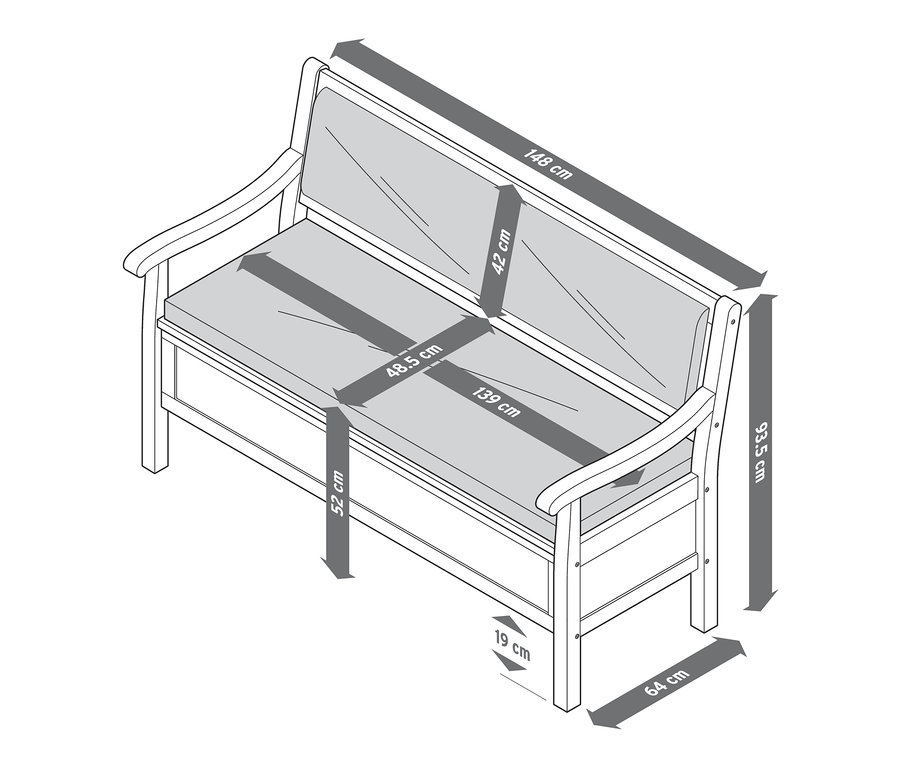 Abmessungen der Bank: 148 cm breit, 93.5 cm hoch, 64 cm tief, Sitzfläche 139 cm x 48.5 cm, Rückenlehne 148 cm x 42 cm.