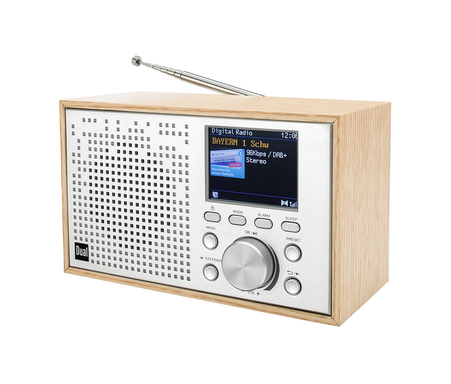 Ein Dual-DAB+-Radio mit Bluetooth® »DCR100« mit Holzrahmen und ausziehbarer Antenne.