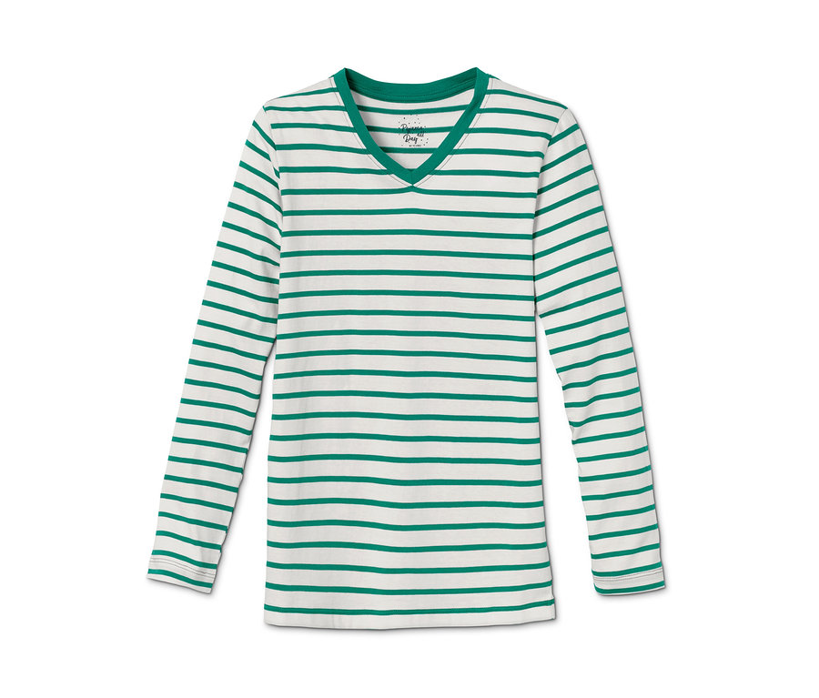 Langarmshirt des Pyjama aus Bio-Baumwolle mit horizontalen grünen und weißen Streifen.