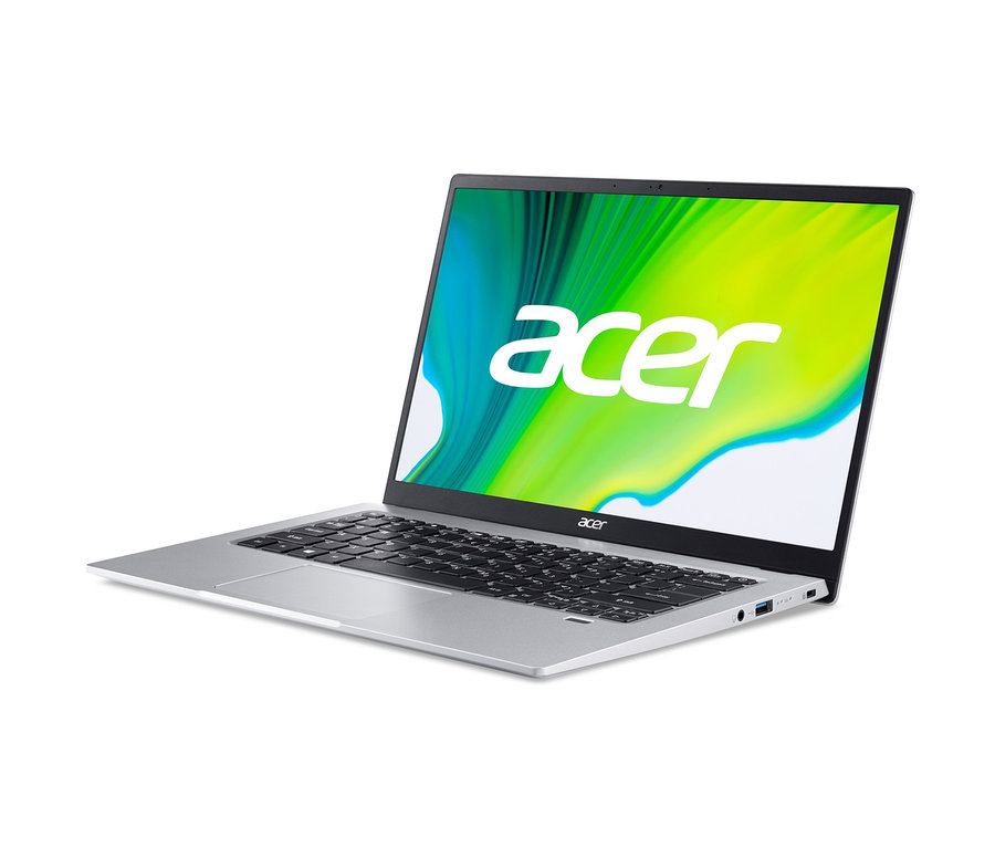 Silberfarbenes Acer Swift 1 Notebook »SF114-34« mit schwarzer Tastatur und grün-blauem Bildschirm.