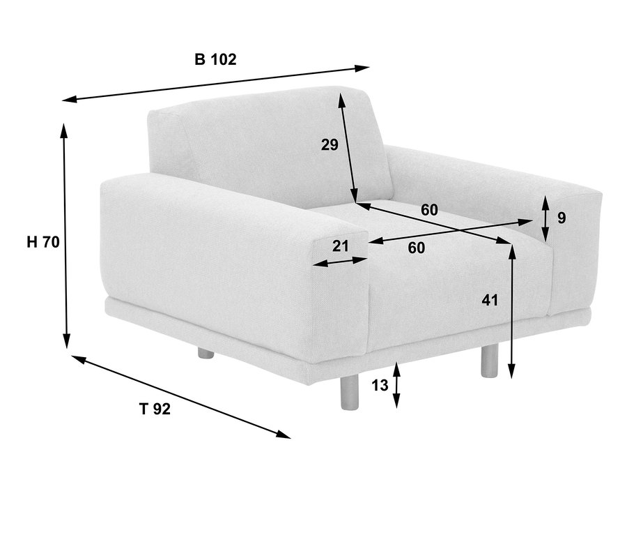 Maße von silberfarbenem Sessel "Penelope" sind mit Pfeilen und Zahlen dargestellt.