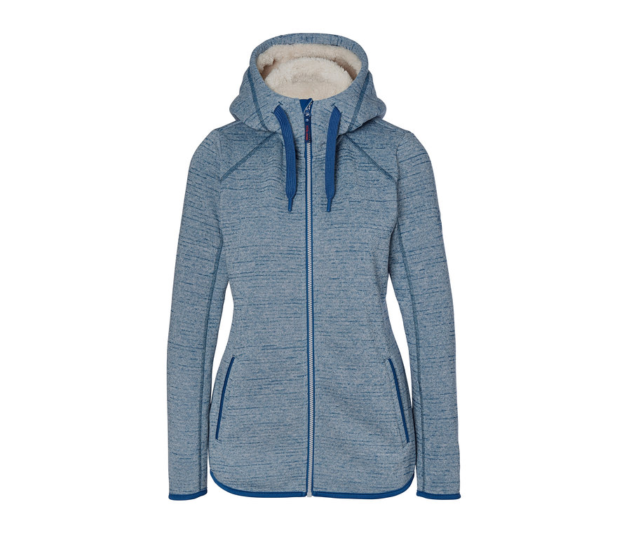 Eine blaue Kapuzen-Strickfleecejacke mit Reißverschluss und Saum.