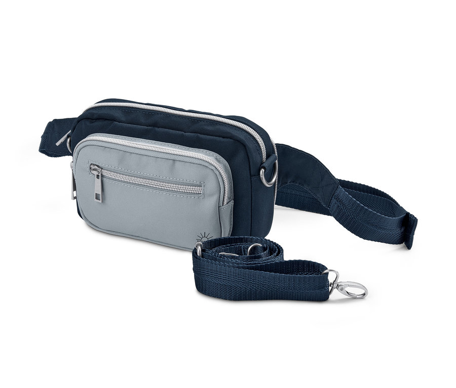 Eine blau-graue Sicherheits-Gürtel- und Umhängetasche liegt auf einem weißen Hintergrund.
