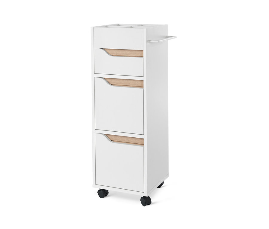 Ein weißer Bad-Stauraum-Beistellwagen mit drei Schubladen und Rollen.