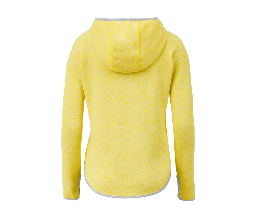 Rückansicht einer gelb melierten Strickfleece-Jacke mit Kapuze.