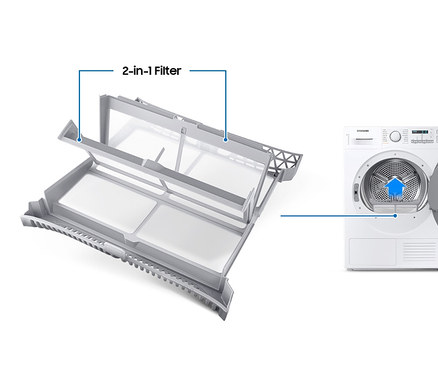 Detailansicht eines 2-in-1-Filters und eines weißen Samsung-Trockners.