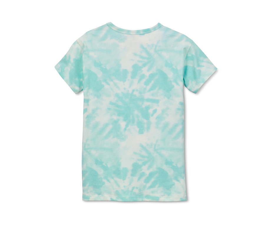 Rückansicht eines 2 T-Shirts aus Bio-Baumwolle mit Batikmuster.