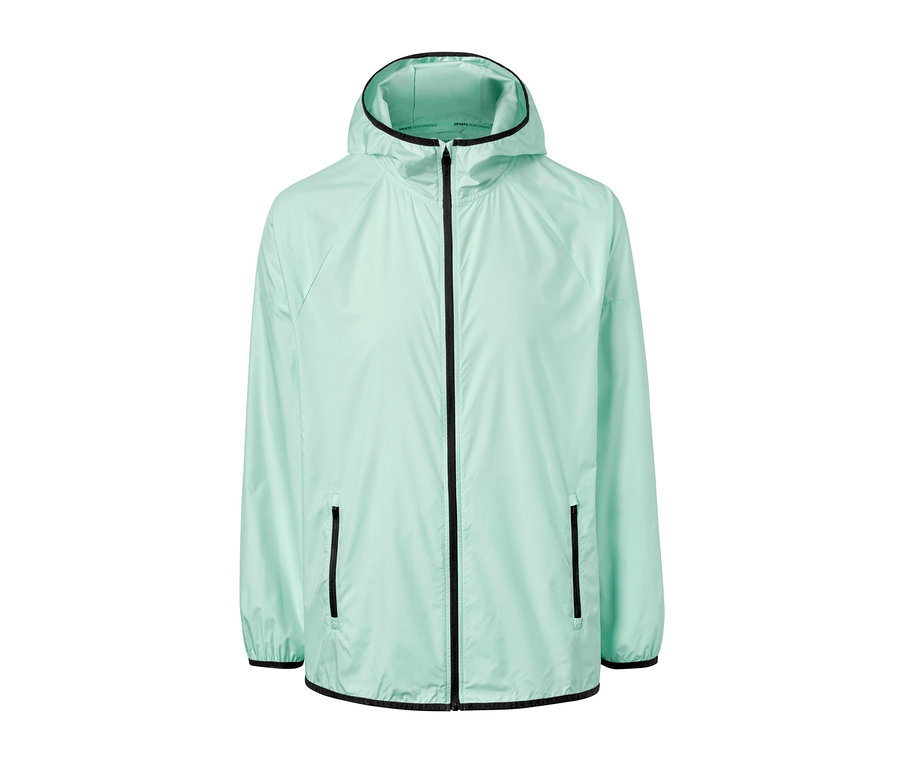 Eine mintgrüne Laufjacke mit Reissverschluss und Kapuze.