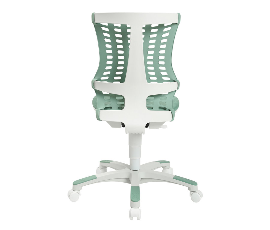 Detailansicht von hinten des mintfarbenen und weißen Topstar-Kinderschreibtischstuhls »Sitness X Chair 20«.