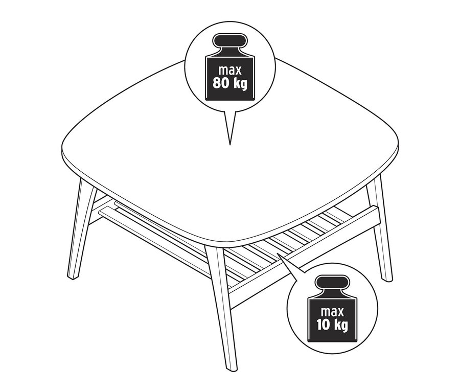 Skizze eines großen Couchtisches mit einer maximalen Tragfähigkeit von 80 kg auf der Oberseite und 10 kg auf dem unteren Regal.