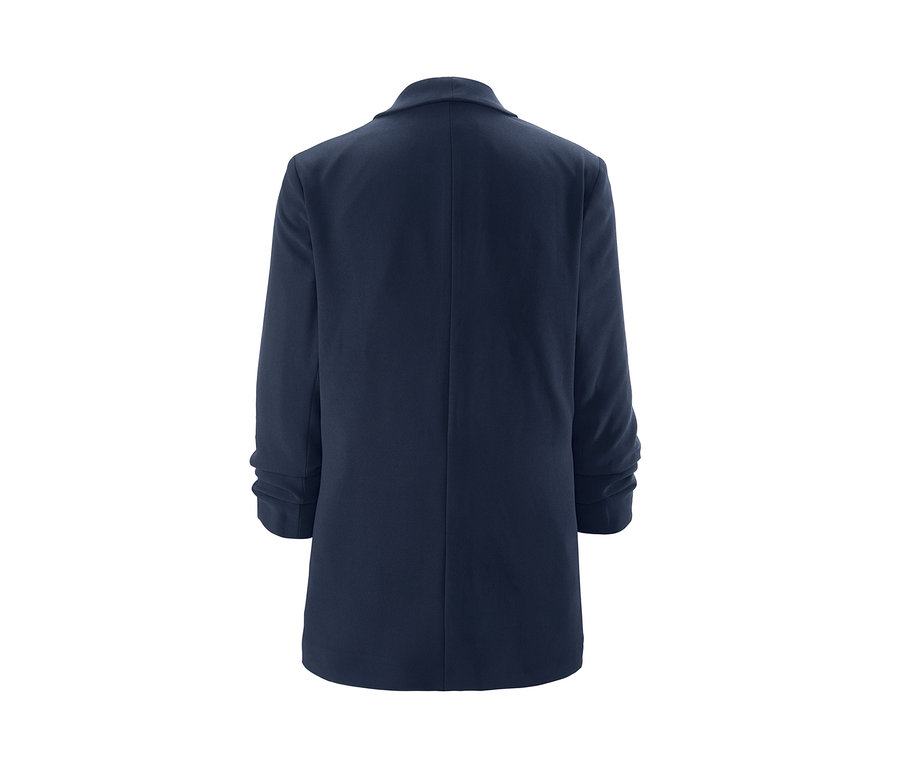 Dunkelblauer Blazer mit gerafften Ärmeln von hinten.