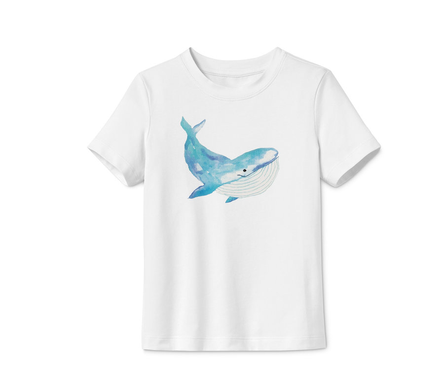 Weißes Baumwoll-T-Shirt mit blauem Wal-Aufdruck.
