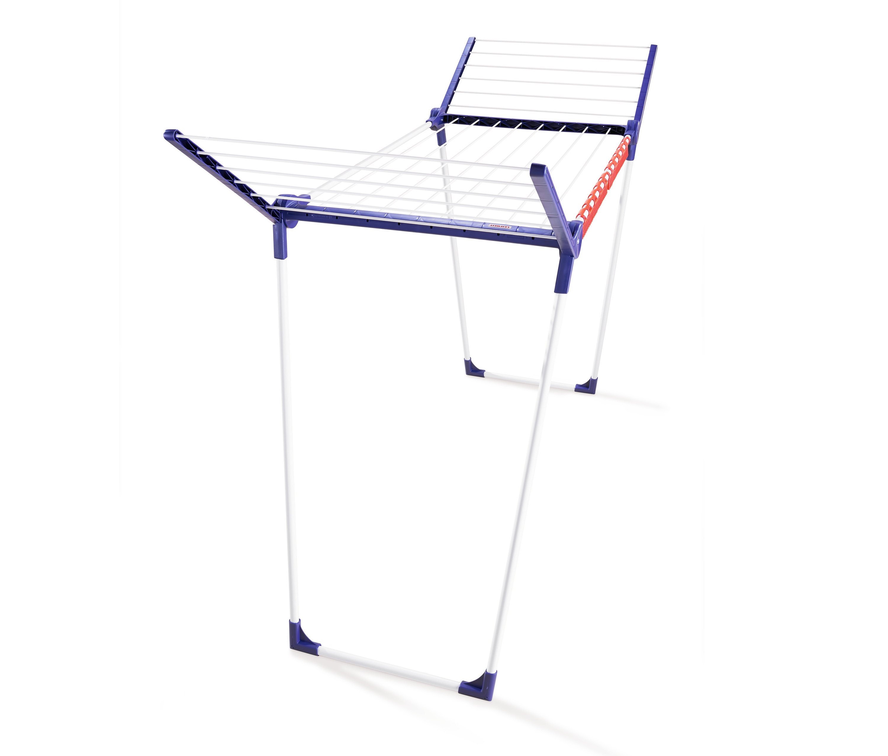 Ein aufgebauter Leifheit Pegasus 150 Solid Slim Standtrockner mit weißen Beinen und blauem Rahmen.