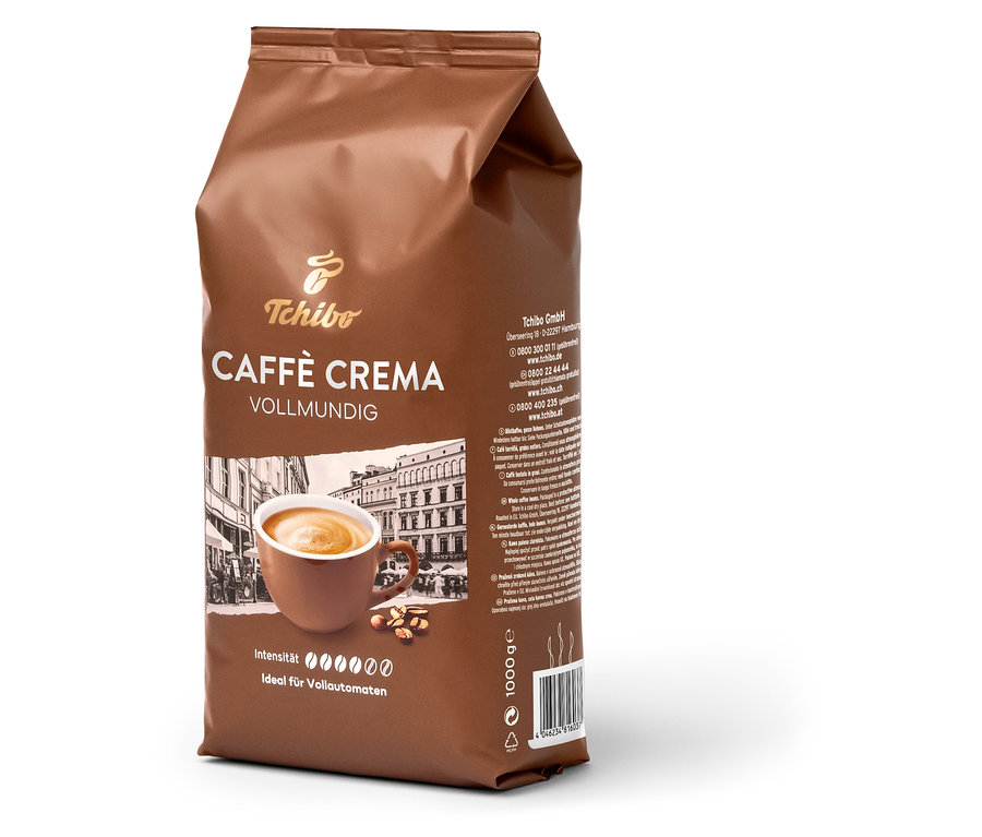 Eine Packung Caffè Crema Vollmundig - 1 kg Ganze Bohne von Tchibo.