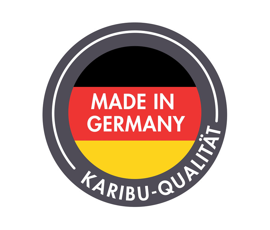 Rundes Logo mit deutscher Flagge, Text "MADE IN GERMANY" und "KARIBU-QUALITÄT".