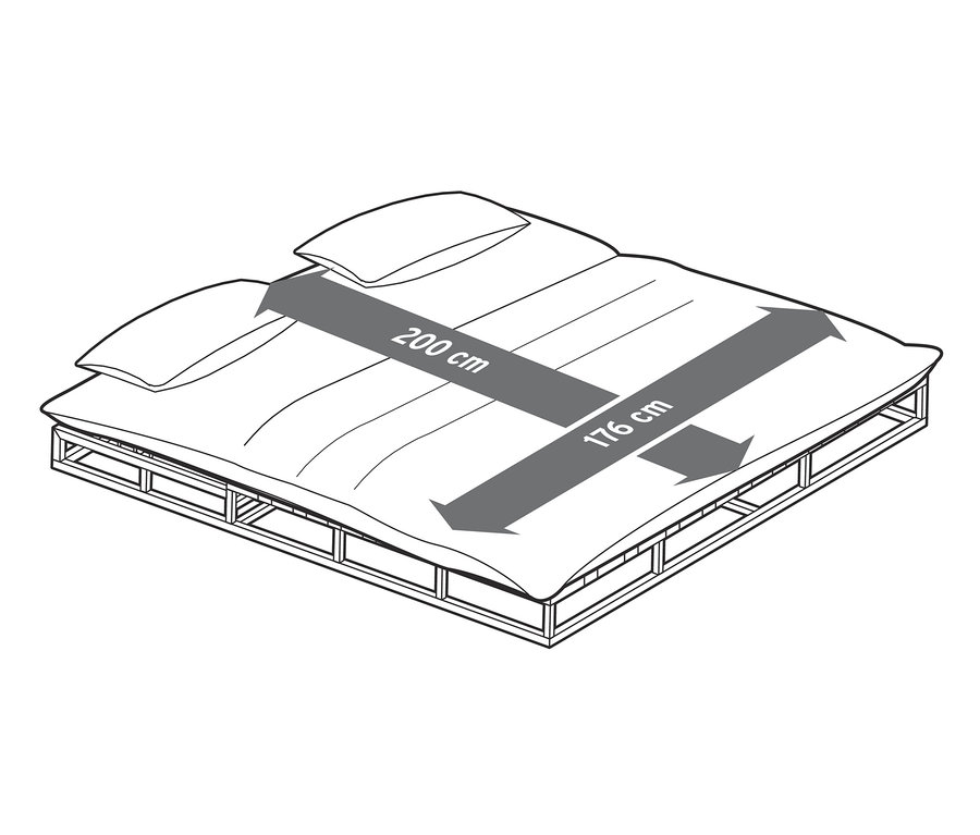 Skizze einer Premium-Doppel-Liege mit verstellbarem Kopfteil und Sunbrella®-Stoff. Abmessungen 200 cm x 176 cm.