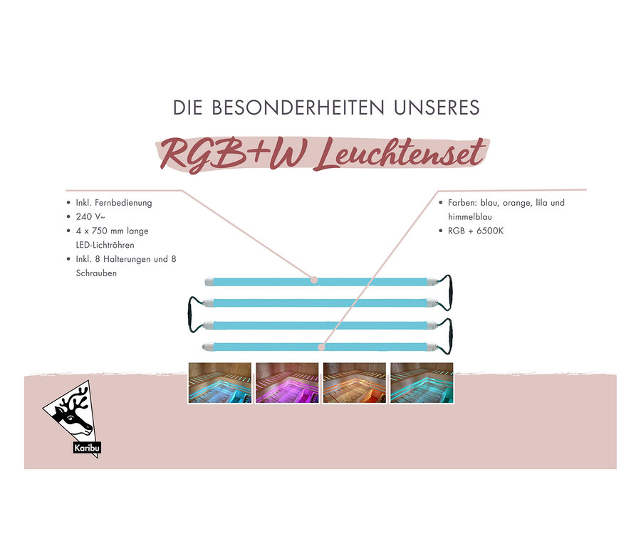 RGB+W Leuchtenset mit vier 750 mm LED-Röhren, Fernbedienung, acht Halterungen und Schrauben. Farben: blau, orange, lila und hellblau. Karibu Fasssauna »Frieda 1«
