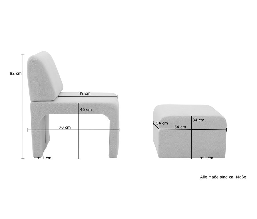 Abmessungen von beigem DOMO collection Sessel mit Hocker »Bergen« sind dargestellt.
