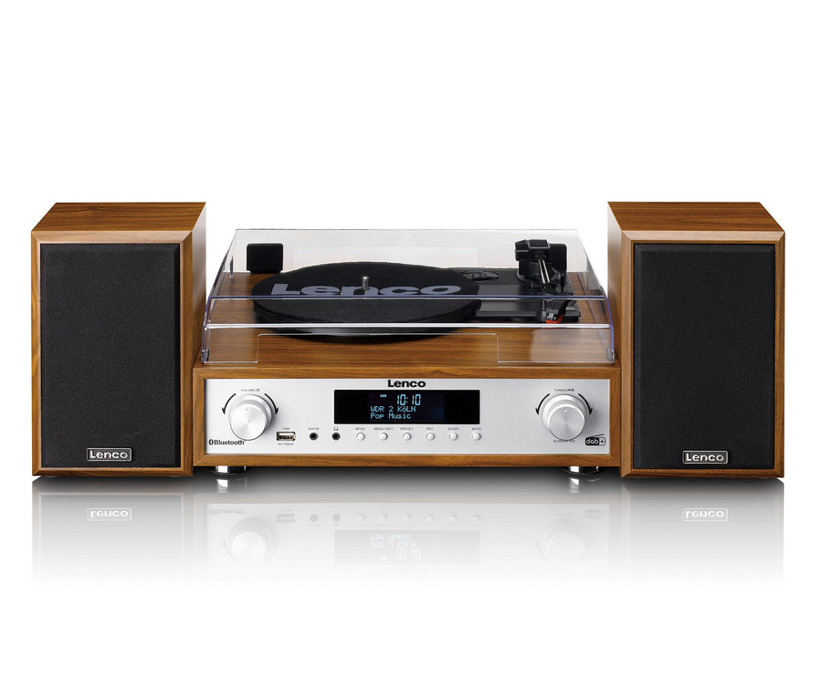Lenco Stereoanlage mit Plattenspieler auf weißem Hintergrund.
