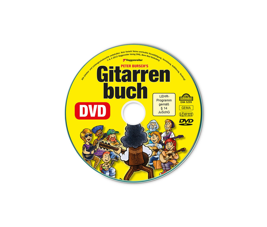 Gelbe DVD-Hülle mit Cartoonfiguren, die Gitarre spielen, und dem Text Peter Bursch's Gitarren buch, Voggenreiter VOLT Akustik Gitarren-Set 4/4.