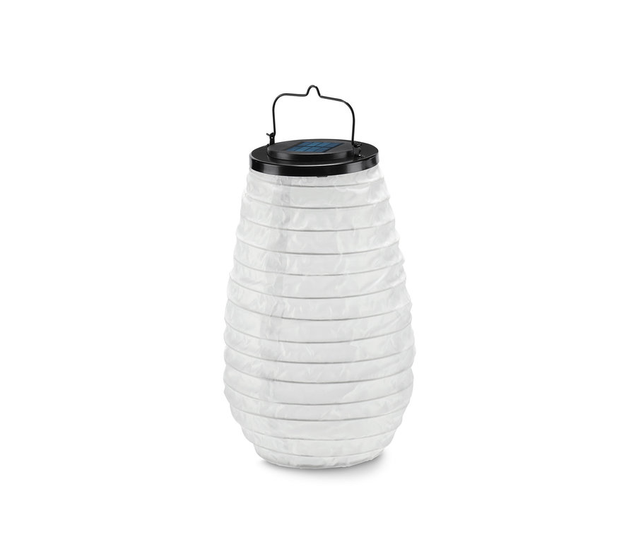 Ein weißer Solar-Lampion mit schwarzem Griff.