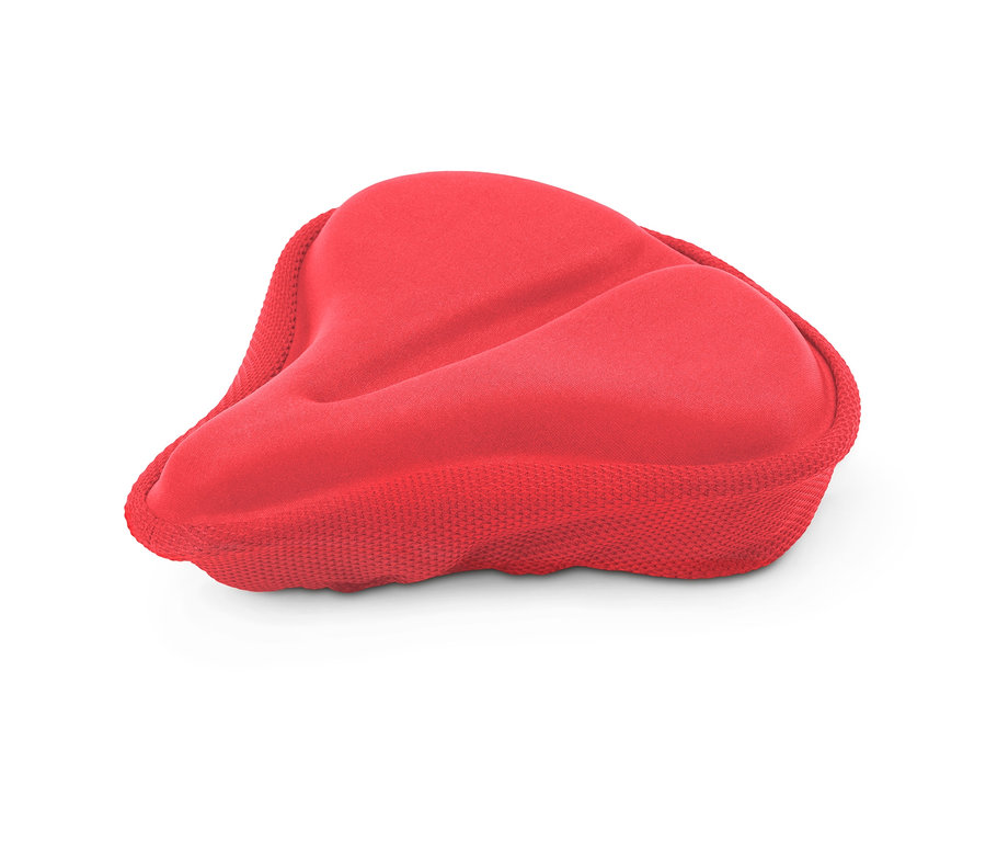 Ein roter Sattelbezug mit Memoryfoam liegt auf einem weißen Untergrund.