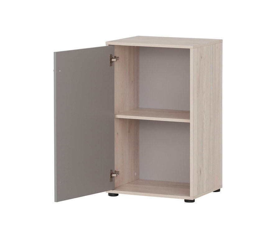 Geöffneter Aktenschrank »Serie 400« in Platingrau und Sandeichen-Dekor mit einem Fach.