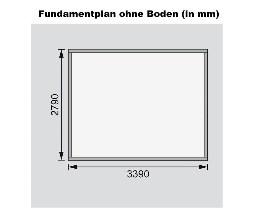 Grundrisszeichnung des Karibu Gartenhauses Barne 7 (28 mm) ohne Boden, mit Maßangaben 3390 x 2790 mm.