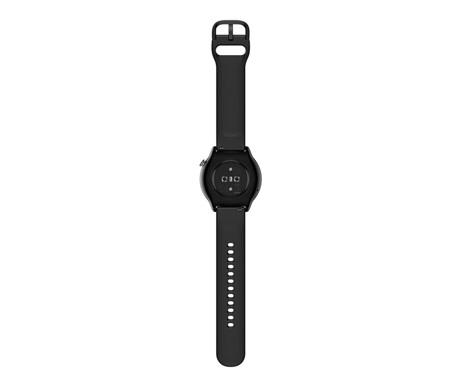 Detailansicht der Rückseite einer schwarzen Smartwatch Amazfit GTR Mini, schwarz.