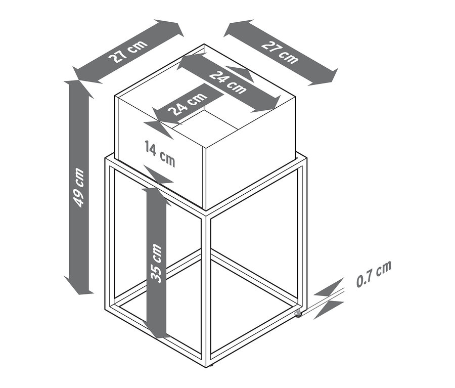 Eine Pflanzenbox mit Maßangaben in einer technischen Zeichnung.
