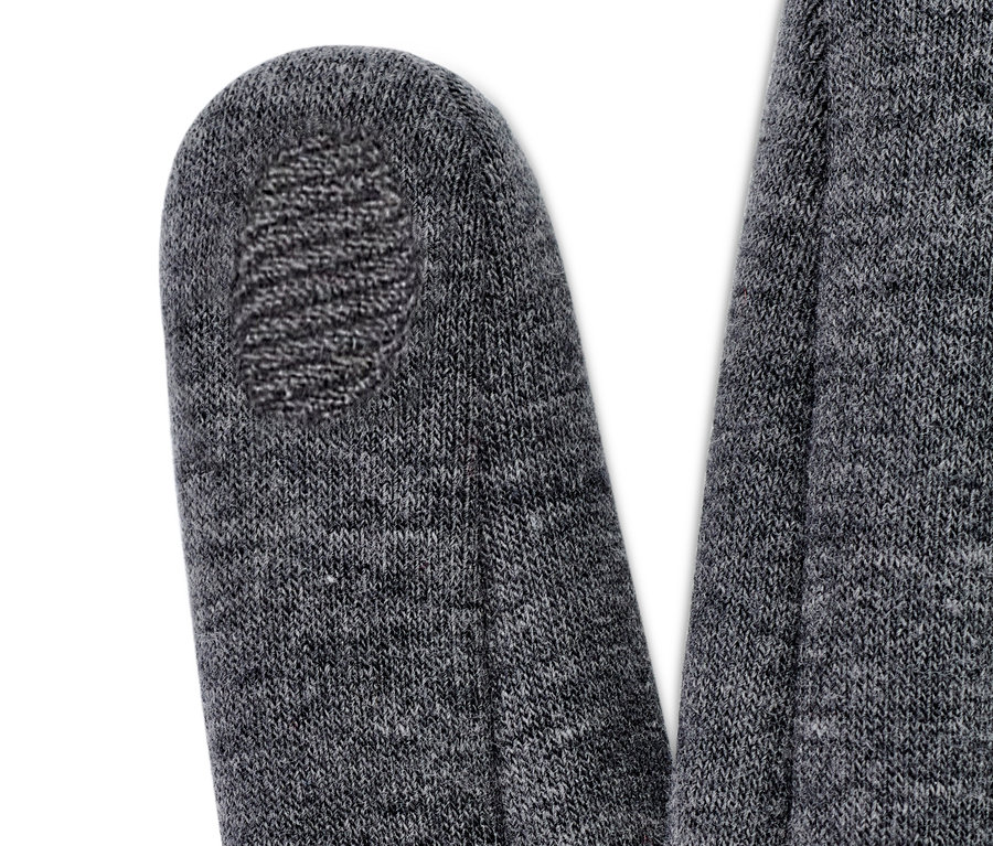 Detailansicht eines anthrazitfarbenen Sweathandschuhs.