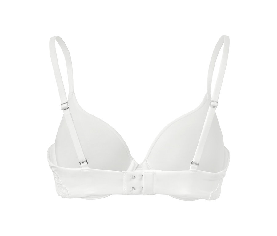Detailansicht eines weißen Schalen-BHs mit verstellbaren Trägern.