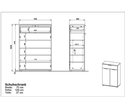 Technische Zeichnung eines Schuhschranks "Osby" mit Maßangaben.
