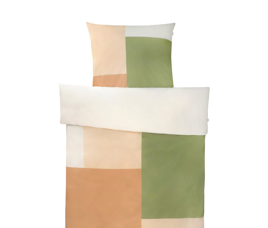 SCHÖNER WOHNEN Perkal-Bettwäsche mit geometrischem Muster in Beige-, Grün- und Weißtönen.