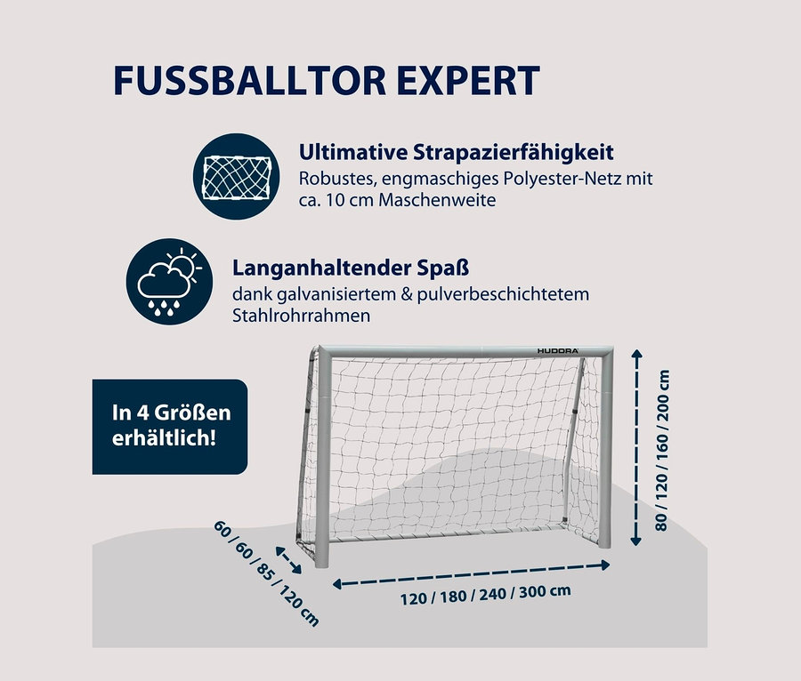 HUDORA Fußballtor »Expert 300« mit Netz und Größenangaben.