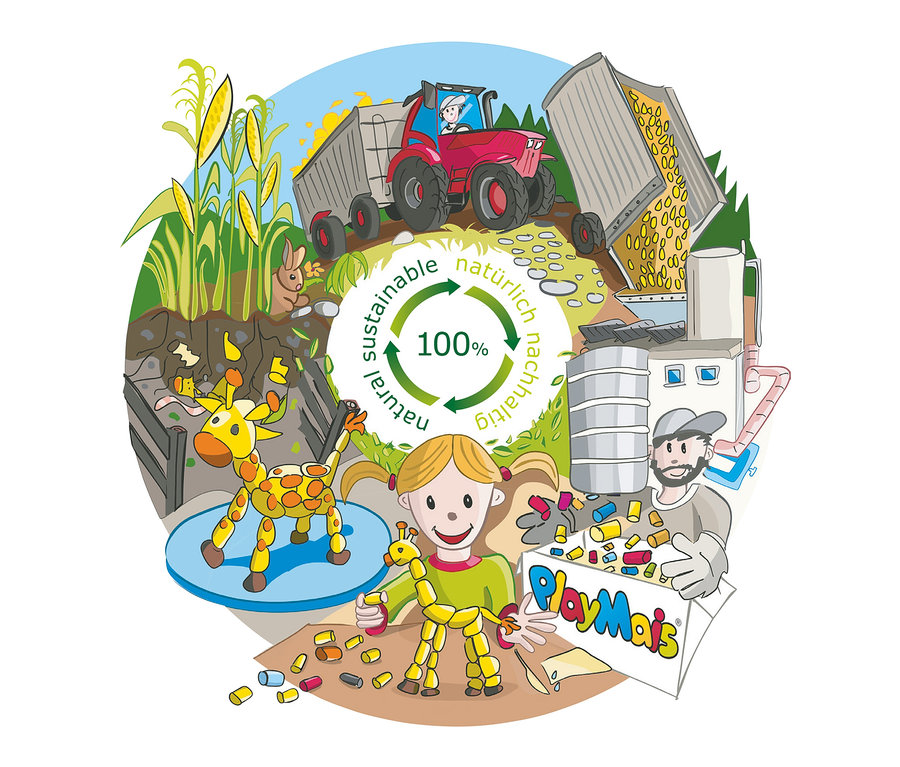 Illustration eines Mädchens, das mit einem PlayMais®-Set spielt und eine Giraffe herstellt.