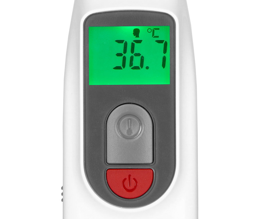 Nahaufnahme eines Infrarot-Stirnthermometers, das eine Temperatur von 36,7 Grad Celsius anzeigt.