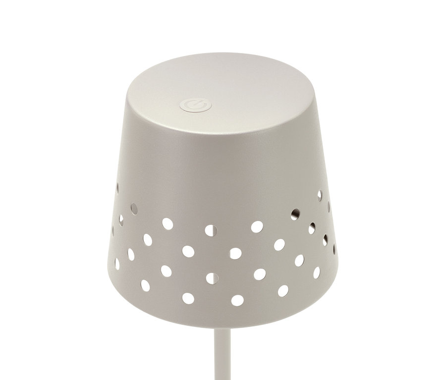 Detail einer LED-Akku-Tischleuchte aus Metall.