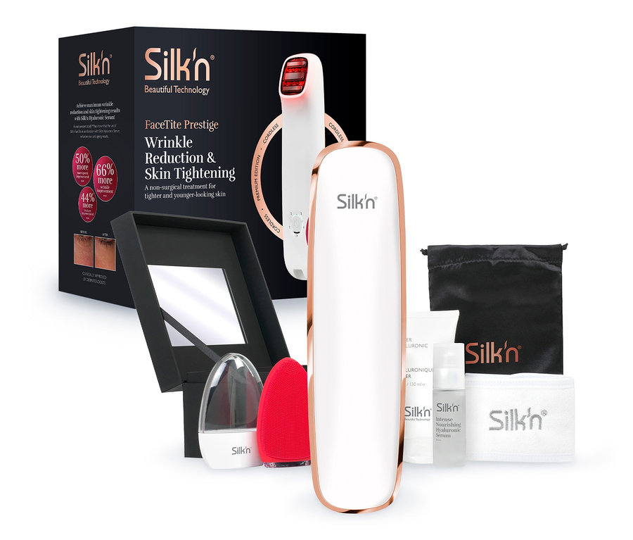 Silk'n FaceTite Prestige Set mit Gerät, Spiegel, Reinigungsbürste und Kosmetika.
