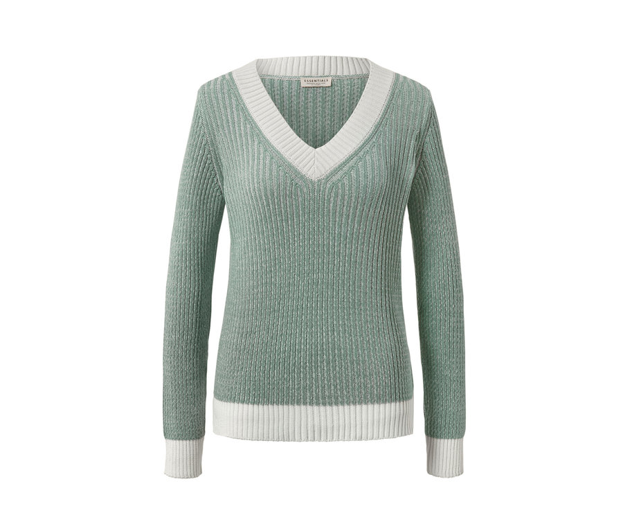 Grüner Rippstrick-Pullover mit V-Ausschnitt und weißen Details.