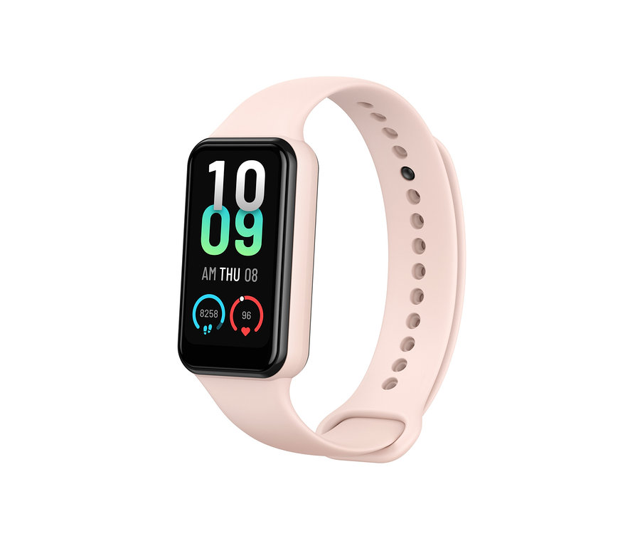 Nahaufnahme eines pinken Amazfit Band 7 Aktivitätstrackers.