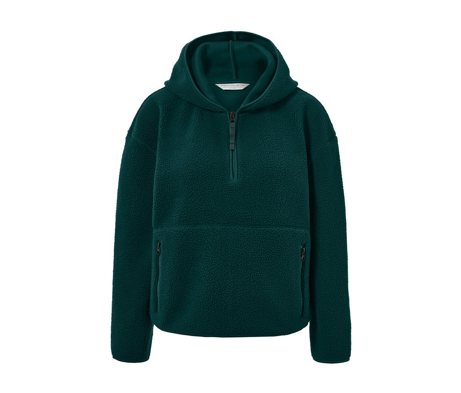 Dunkelgrüner Teddy-Kapuzenpullover mit Reißverschluss und Taschen.