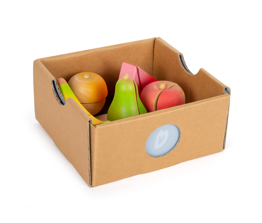 small foot Sandwich-Kekse und Obst »fresh« aus Holz in einem Karton.