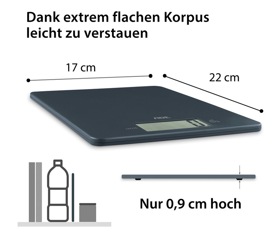 Graue ADE digitale Küchenwaage Leonie mit den Abmessungen 17 x 22 cm und einer Höhe von 0,9 cm.