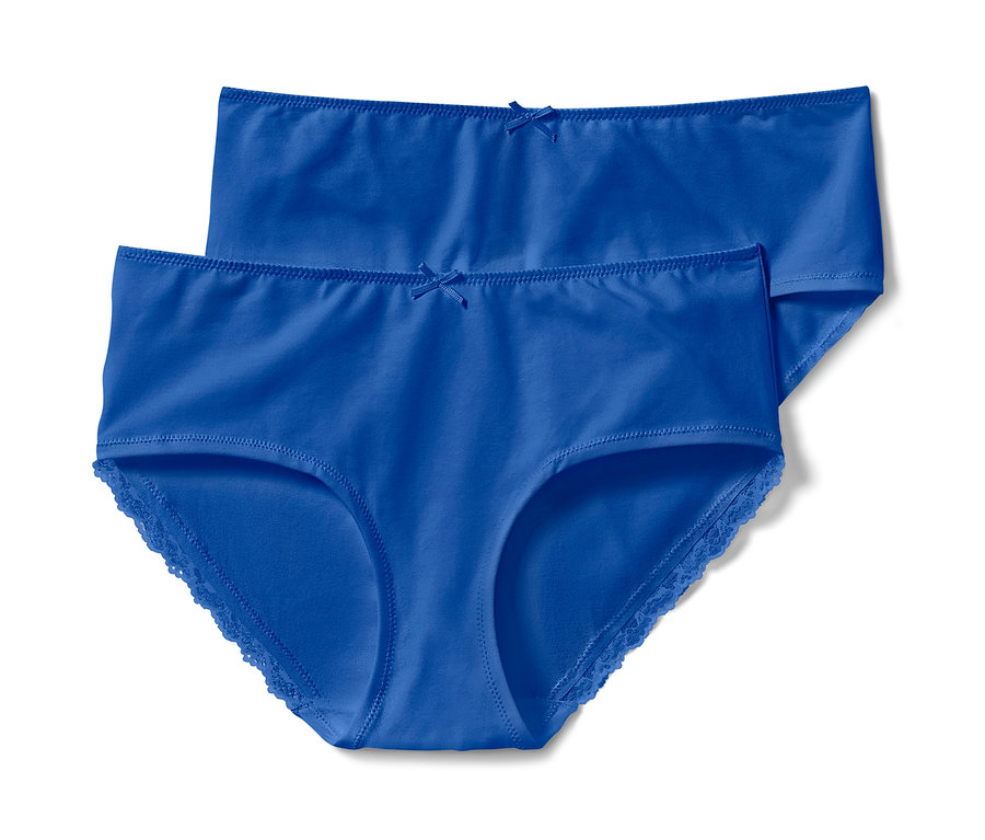 Zwei blaue Pantys mit Schleife und Spitze.