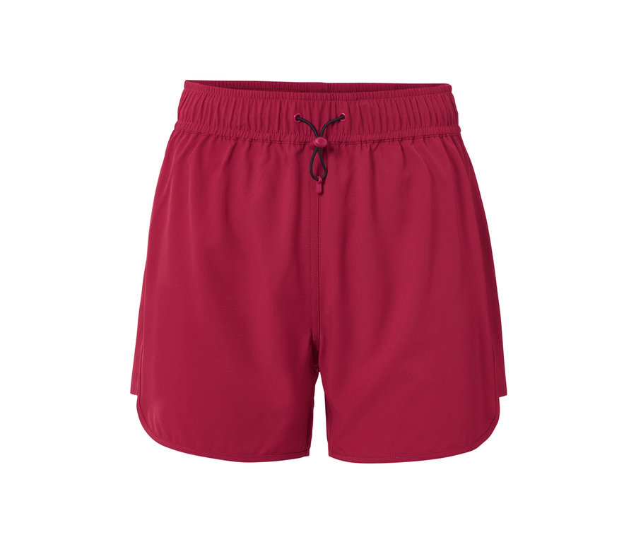 Badeshorts in Beere mit elastischem Bund und Kordelzug.