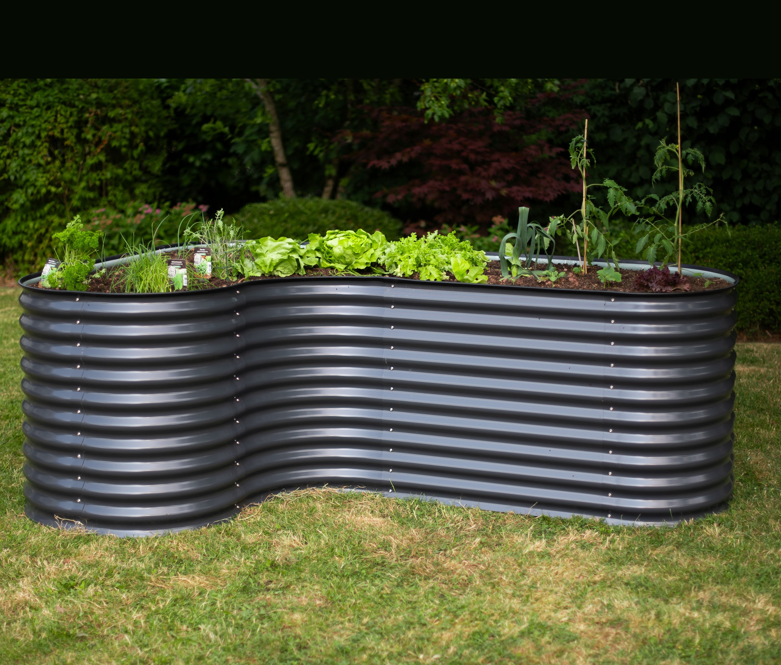 Ein schwarzes Hochbeet in L-Form steht auf einem Rasen.